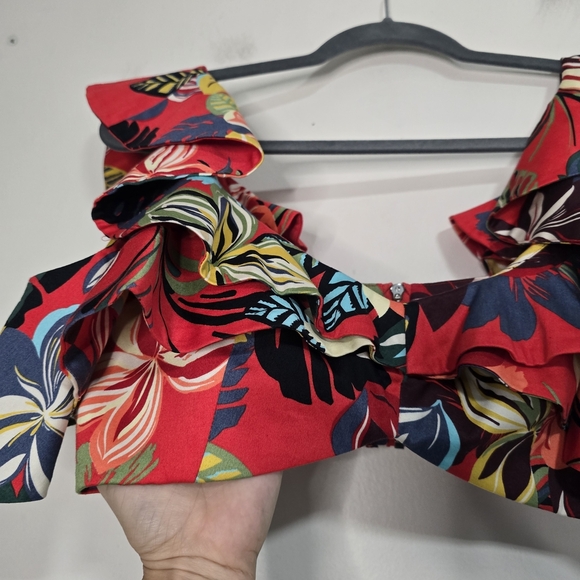 Alexis Multicolor Floral Ruffle Crop Top Red Green Yellow Tropical Vacation - Picture 6 of 9